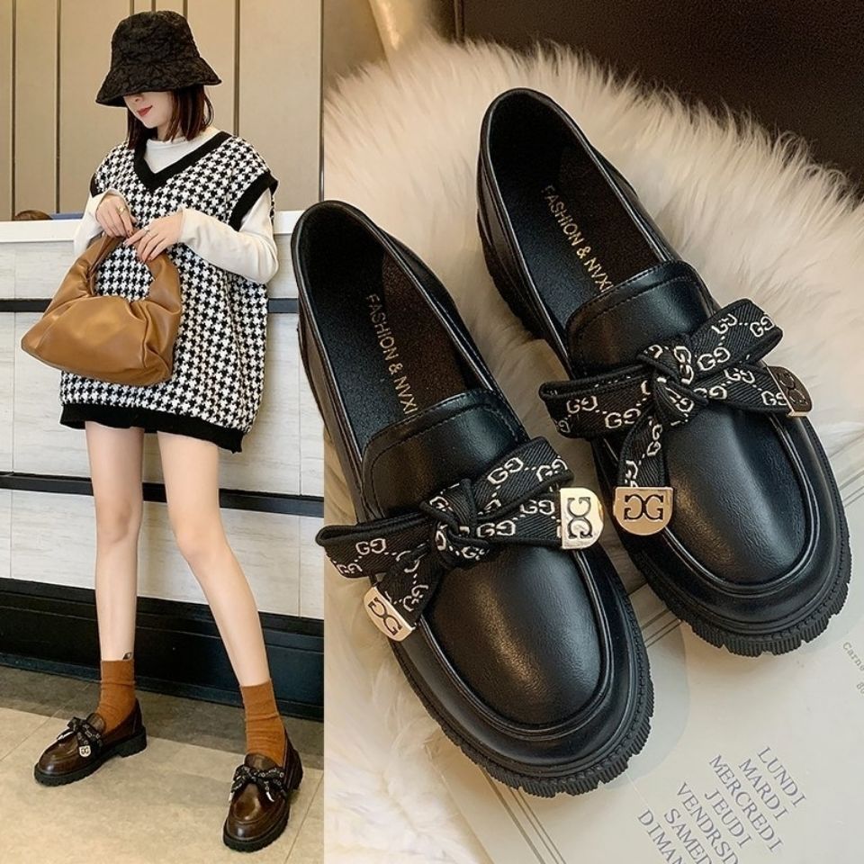 【网红松糕鞋】4CM粗跟单鞋时尚百搭学院风复古蝴蝶绑带结做工精细乐福鞋穿着方便一脚蹬(图1)