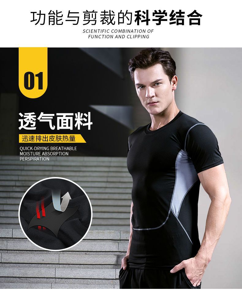 【透气面料 简约时尚】夏季男跑步健身运动速干紧身衣训练服套装五件套(图1)