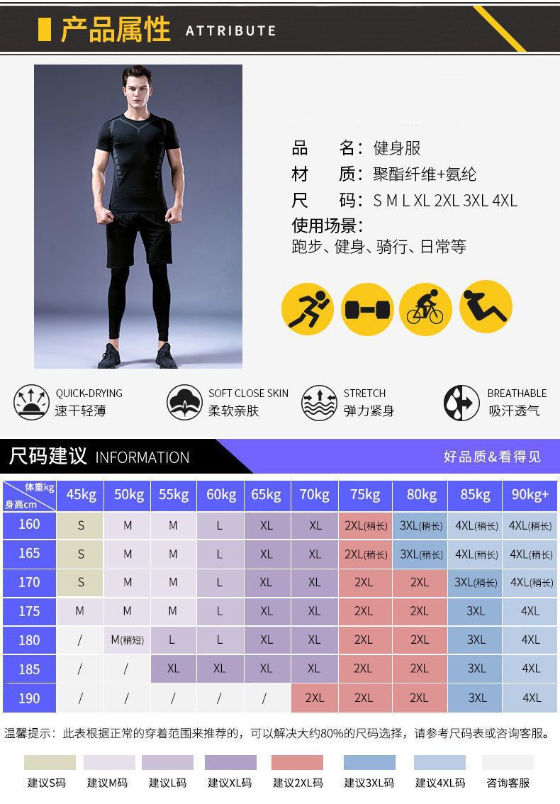 【透气面料 简约时尚】夏季男跑步健身运动速干紧身衣训练服套装五件套(图8)