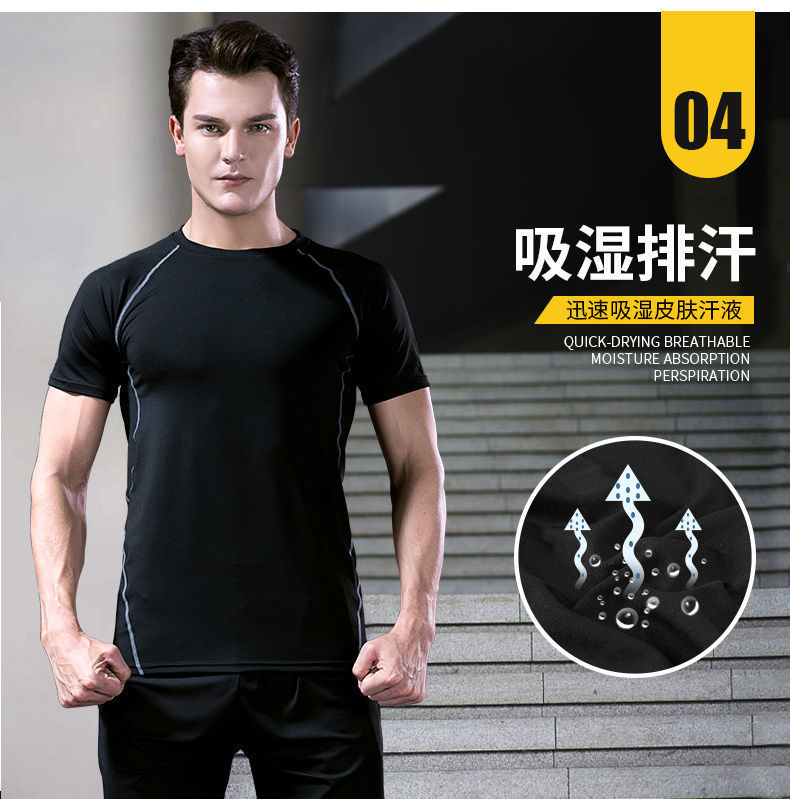 【透气面料 简约时尚】夏季男跑步健身运动速干紧身衣训练服套装五件套(图4)